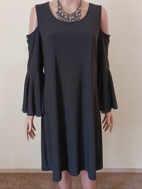 MSK Womens Black Cocktail Dress L Cold Shouder Bell Sleeves